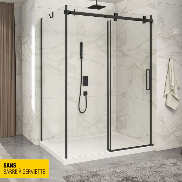 Porte de douche 60 po x Piazza 42 po en coin noir mat fermeture sur mur mur à droite