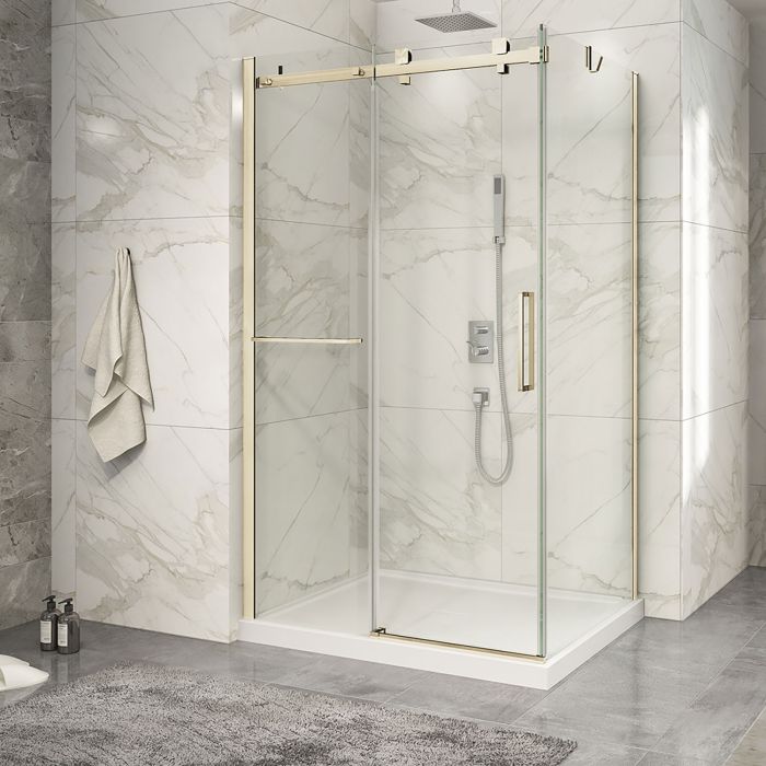 Porte de douche 48 po x Piazza 2.0 32 po en coin or brossé fermeture sur retour mur à gauche porte à droite en or brossé