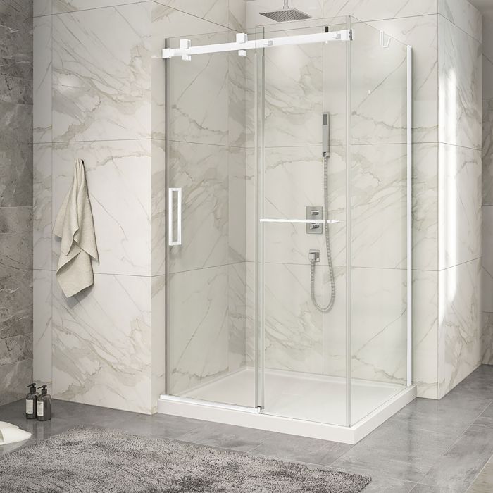 Porte de douche 48 po x Piazza 2.0 32 po en coin blanc mat fermeture sur mur mur à gauche porte à gauche