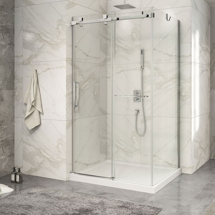 Porte de douche 48 po x Piazza 2.0 32 po en coin chrome fermeture sur mur mur à gauche porte à gauche