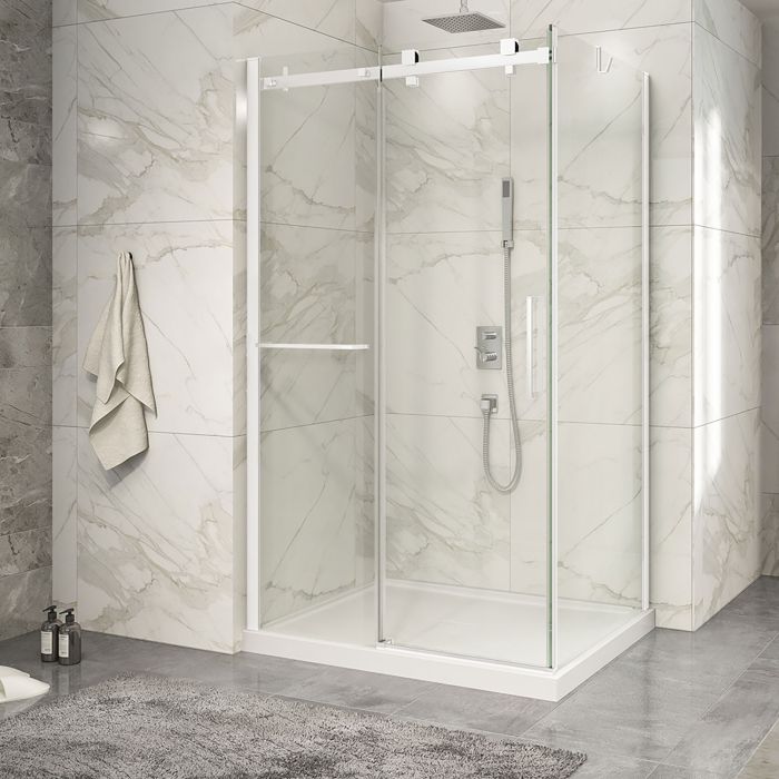Porte de douche 48 po x Piazza 2.0 36 po en coin blanc mat fermeture sur retour mur à gauche porte à droite