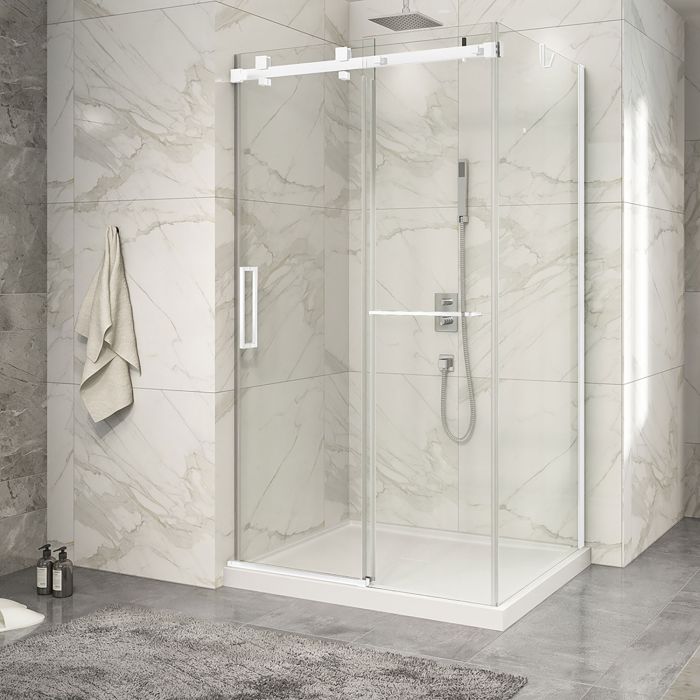 Porte de douche 48 po x Piazza 2.0 36 po en coin blanc mat fermeture sur mur mur à gauche porte à gauche
