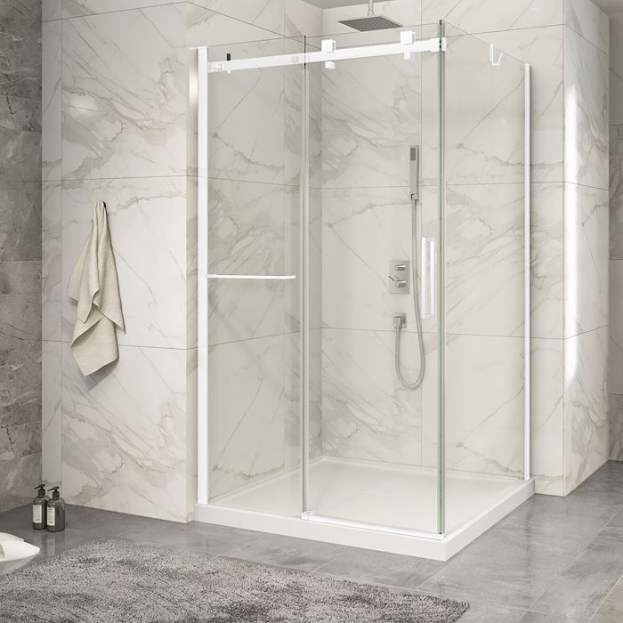 Porte de douche 48 po x Piazza 2.0 42 po en coin blanc mat fermeture sur retour mur à gauche porte à droite