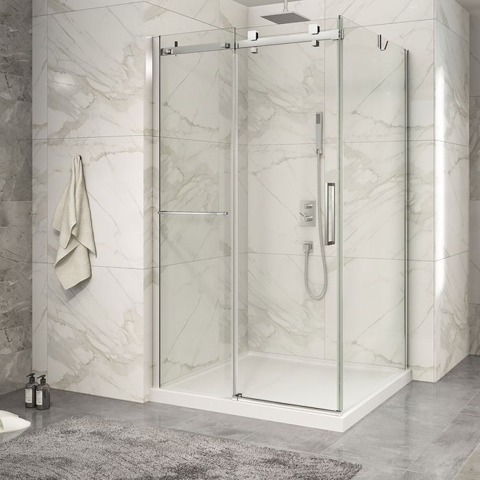 Porte de douche 48 po x Piazza 2.0 42 po en coin chrome fermeture sur retour mur à gauche porte à droite