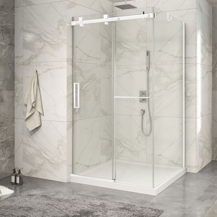 Porte de douche 48 po x Piazza 2.0 42 po en coin blanc mat fermeture sur mur mur à gauche porte à gauche