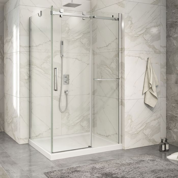 Porte de douche 48 po x Piazza 2.0 36 po en coin chrome fermeture sur retour mur à droite porte à gauche