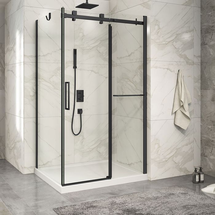 Porte de douche 48 po x Piazza 2.0 36 po en coin noir mat fermeture sur retour mur à droite porte à gauche