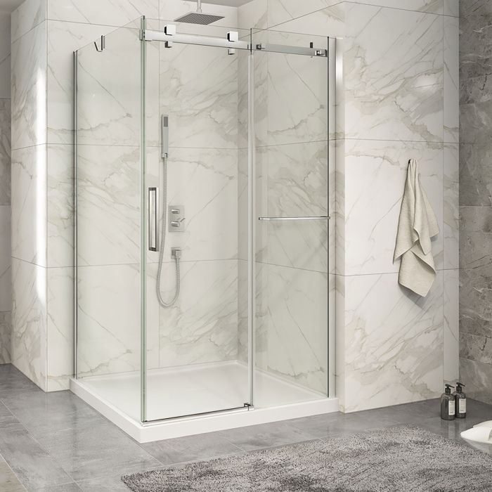 Porte de douche 48 po x Piazza 2.0 42 po en coin chrome fermeture sur retour mur à droite porte à gauche