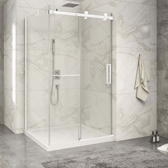 Porte de douche 48 po x Piazza 2.0 42 po en coin blanc mat fermeture sur mur mur à droite