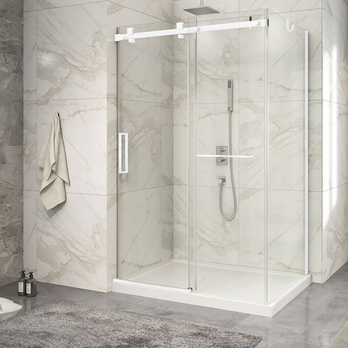 Porte de douche 54 po x Piazza 2.0 32 po en coin blanc mat fermeture sur mur mur à gauche porte à gauche