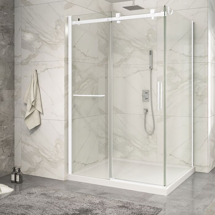 Porte de douche 54 po x Piazza 2.0 42 po en coin blanc mat fermeture sur retour mur à gauche porte à droite