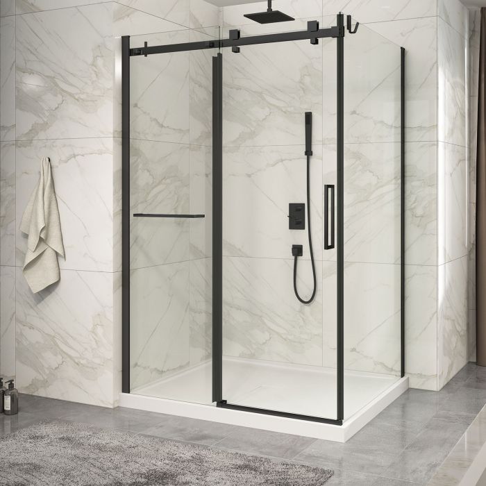 Porte de douche 54 po x Piazza 2.0 42 po en coin noir mat fermeture sur retour mur à gauche porte à droite