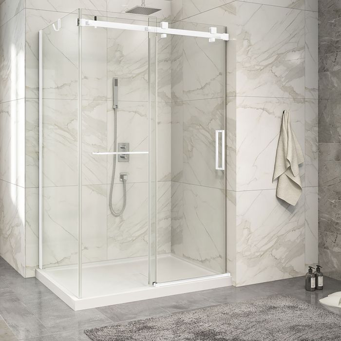 Porte de douche 54 po x Piazza 2.0 32 po en coin blanc mat fermeture sur mur mur à droite porte à droite