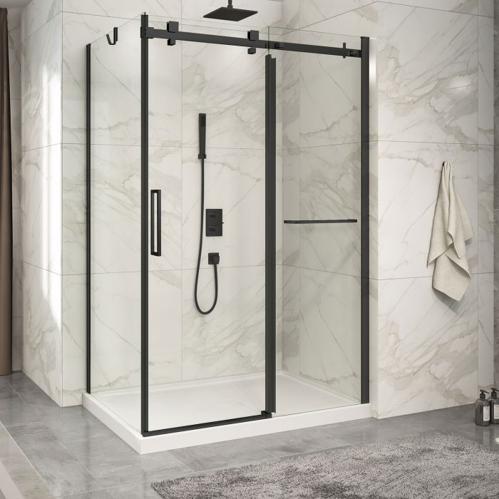 Porte de douche 54 po x Piazza 2.0 36 po en coin noir mat fermeture sur retour mur à droite porte à gauche