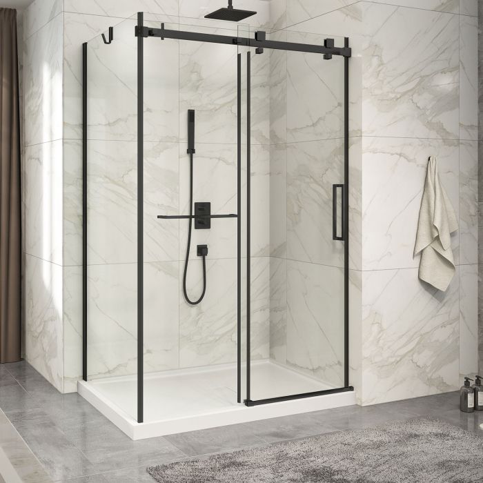 Porte de douche 54 po x Piazza 2.0 36 po en coin noir mat fermeture sur mur mur à droite