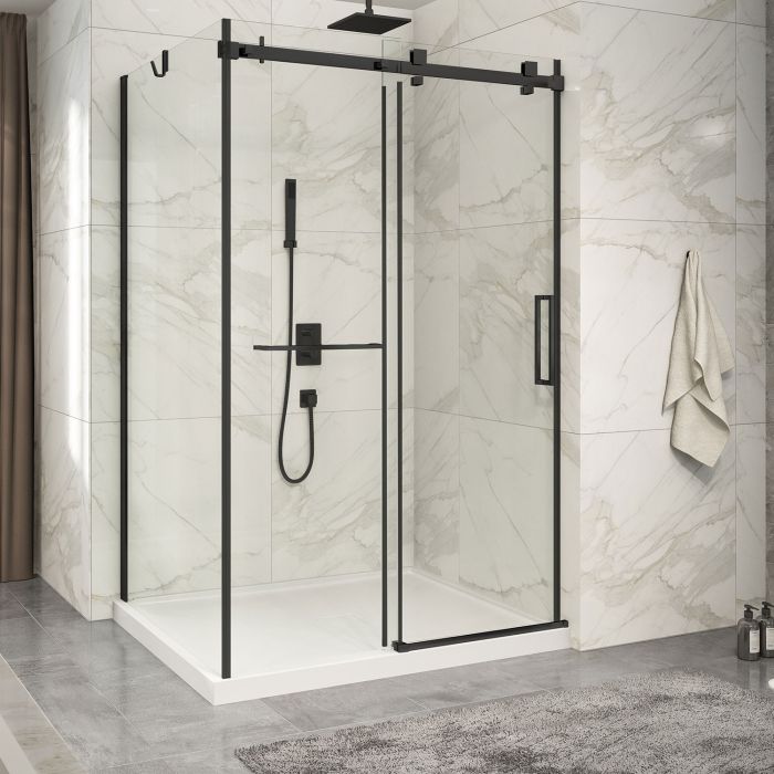 Porte de douche 54 po x Piazza 2.0 42 po en coin noir mat fermeture sur mur mur à droite