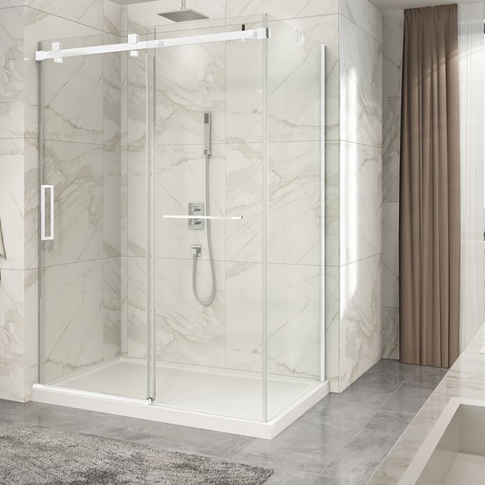 Porte de douche 60 po x Piazza 2.0 32 po en coin blanc mat fermeture sur mur mur à gauche porte à gauche