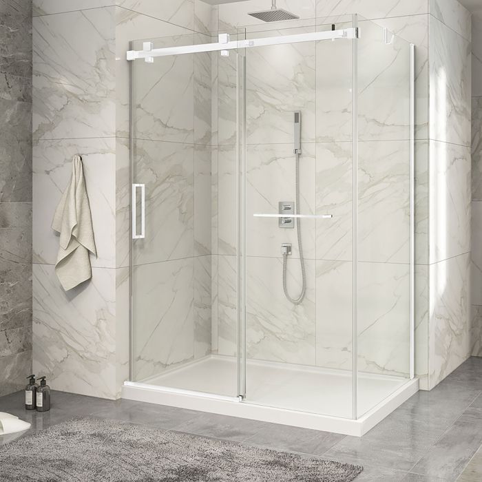 Porte de douche 60 po x Piazza 2.0 36 po en coin blanc mat fermeture sur mur mur à gauche porte à gauche