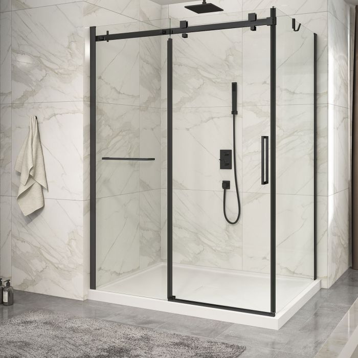 Porte de douche 60 po x Piazza 2.0 42 po en coin noir mat fermeture sur retour mur à gauche porte à droite
