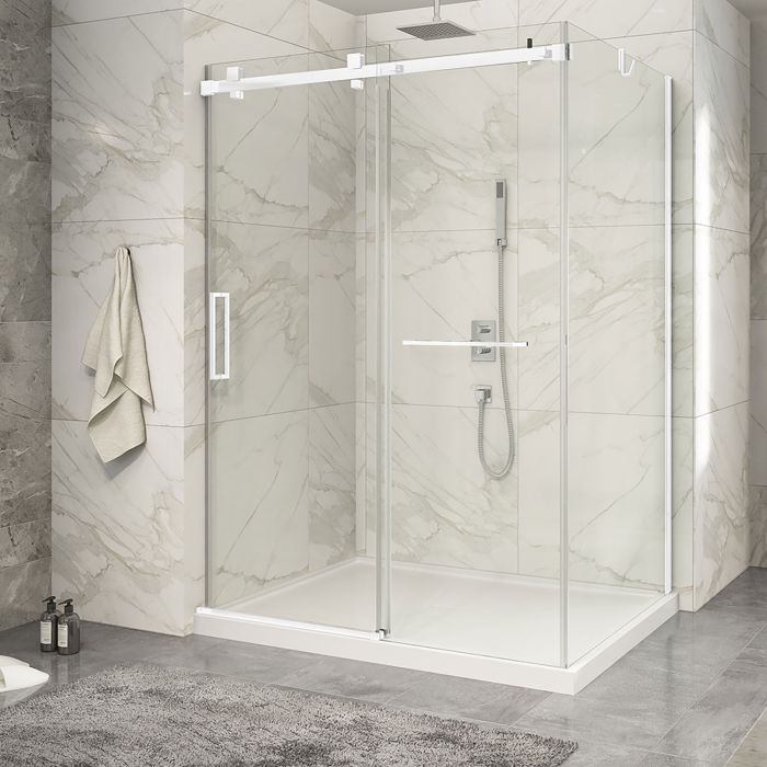 Porte de douche 60 po x Piazza 2.0 42 po en coin blanc mat fermeture sur mur mur à gauche porte à gauche