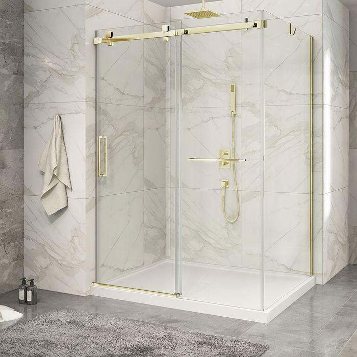 Porte de douche 60 po x Piazza 2.0 42 po en coin or brossé fermeture sur mur mur à gauche porte à gauche en or brossé