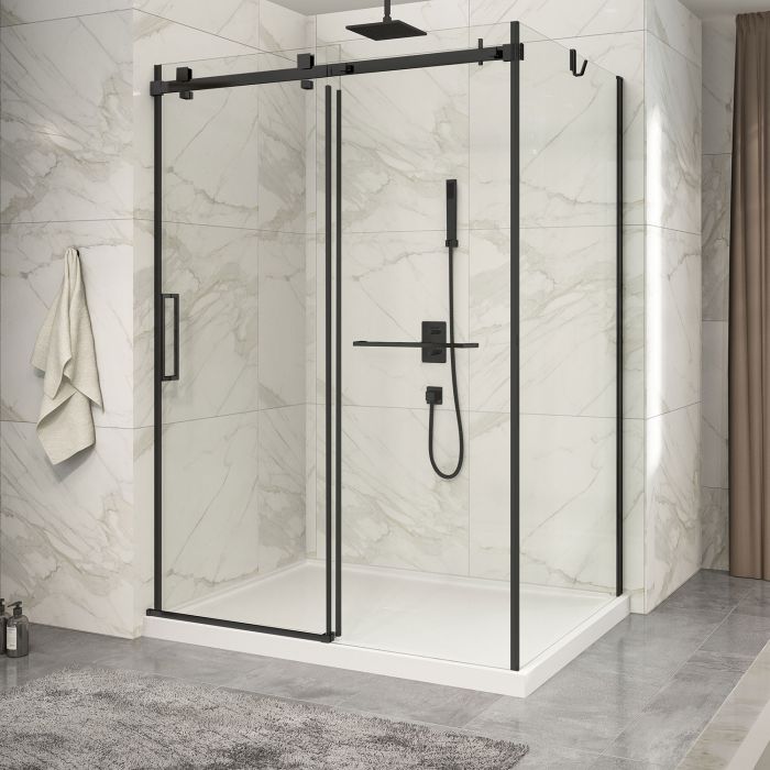Porte de douche 60 po x Piazza 2.0 42 po en coin noir mat fermeture sur mur mur à gauche porte à gauche