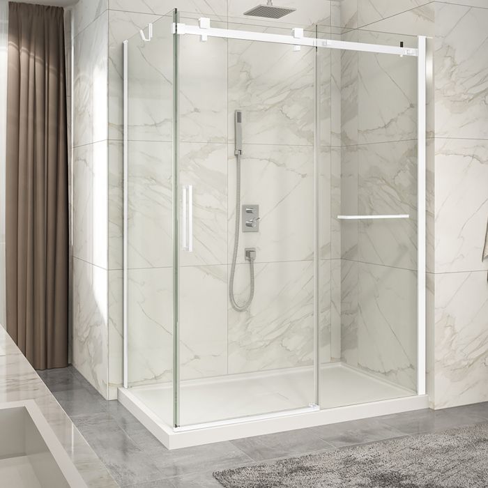 Porte de douche 60 po x Piazza 2.0 32 po en coin blanc mat fermeture sur retour mur à droite porte à gauche