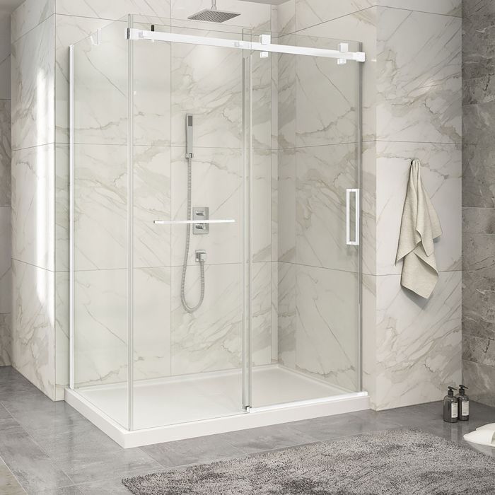 Porte de douche 60 po x Piazza 2.0 32 po en coin blanc mat fermeture sur mur mur à droite porte à droite