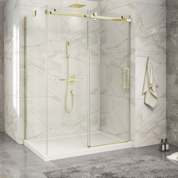 Porte de douche 60 po x Piazza 2.0 32 po en coin or brossé fermeture sur mur mur à droite porte à droite en or brossé