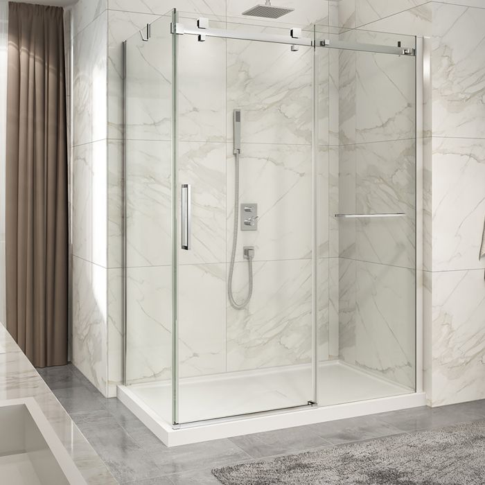 Porte de douche 60 po x Piazza 2.0 36 po en coin chrome fermeture sur retour mur à droite porte à gauche