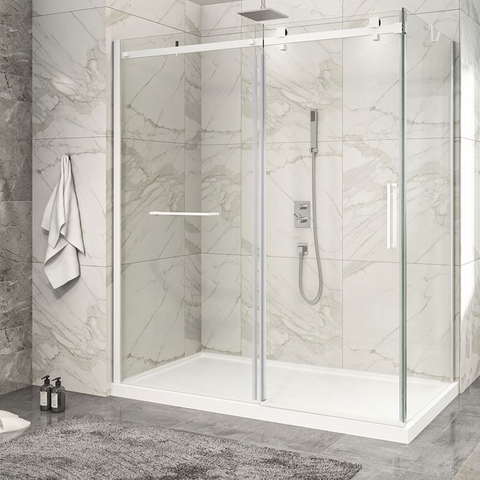 Porte de douche 72 po x Piazza 2.0 32 po en coin blanc mat fermeture sur retour mur à gauche porte à droite