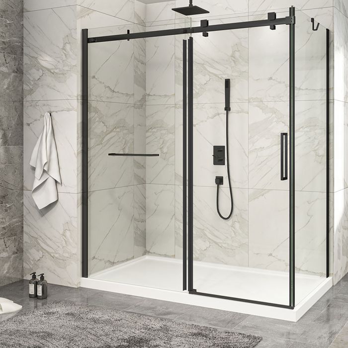 Porte de douche 72 po x Piazza 2.0 36 po en coin noir mat fermeture sur retour mur à gauche porte à droite