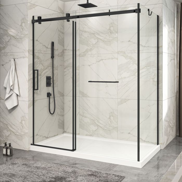 Porte de douche 72 po x Piazza 2.0 36 po en coin noir mat fermeture sur mur mur à gauche porte à gauche