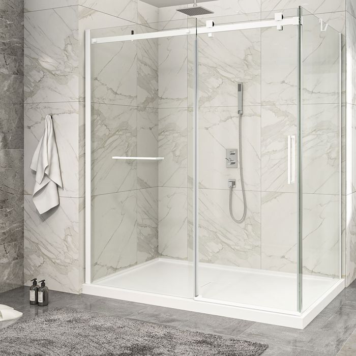 Porte de douche 72 po x Piazza 2.0 42 po en coin blanc mat fermeture sur retour mur à gauche porte à droite