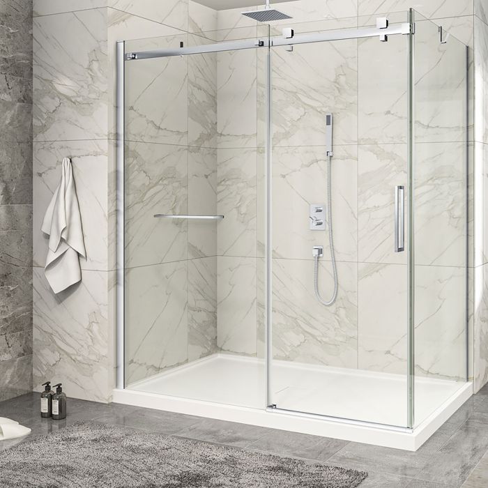 Porte de douche 72 po x Piazza 2.0 42 po en coin chrome fermeture sur retour mur à gauche porte à droite