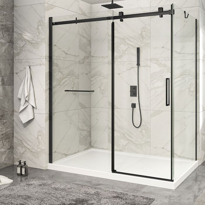 Porte de douche 72 po x Piazza 2.0 42 po en coin noir mat fermeture sur retour mur à gauche porte à droite