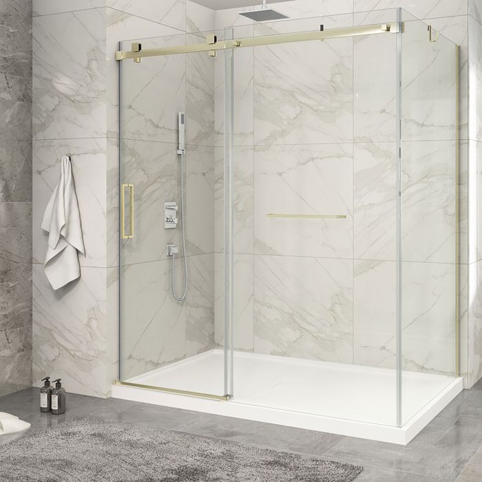 Porte de douche 72 po x Piazza 2.0 42 po en coin or brossé fermeture sur mur mur à gauche porte à gauche en or brossé