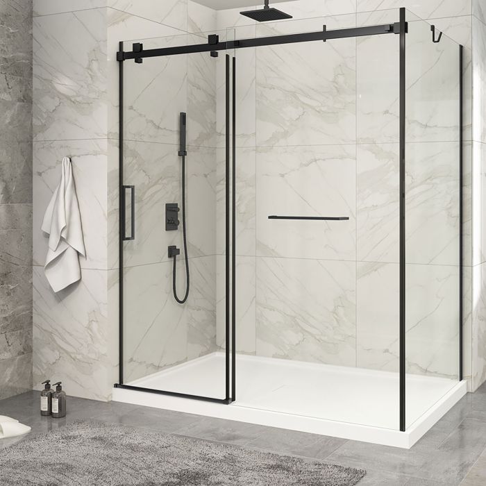 Porte de douche 72 po x Piazza 2.0 42 po en coin noir mat fermeture sur mur mur à gauche porte à gauche