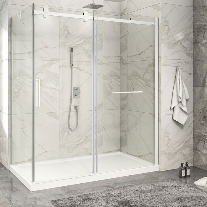Porte de douche 72 po x Piazza 2.0 32 po en coin blanc mat fermeture sur retour mur à droite porte à gauche