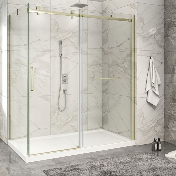 Porte de douche 72 po x Piazza 2.0 32 po en coin or brossé fermeture sur retour mur à droite porte à gauche en or brossé