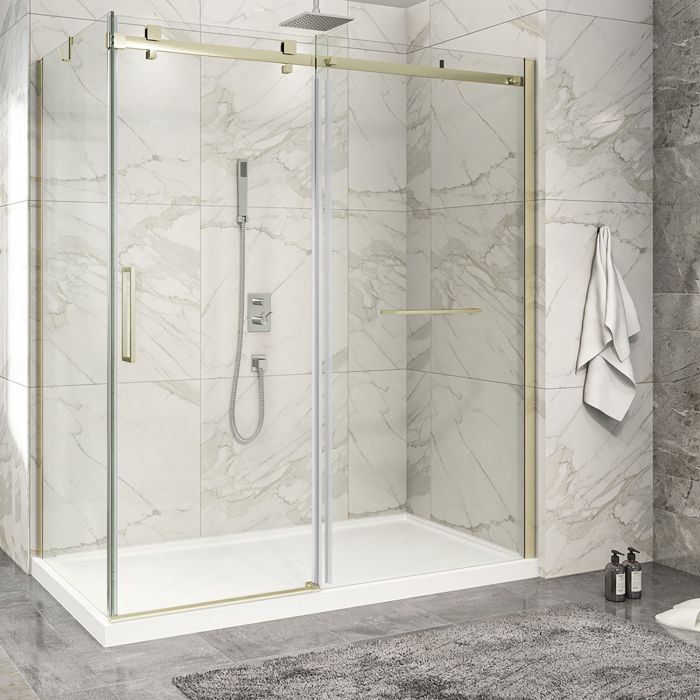 Porte de douche 72 po x Piazza 2.0 36 po en coin or brossé fermeture sur retour mur à droite porte à gauche en or brossé