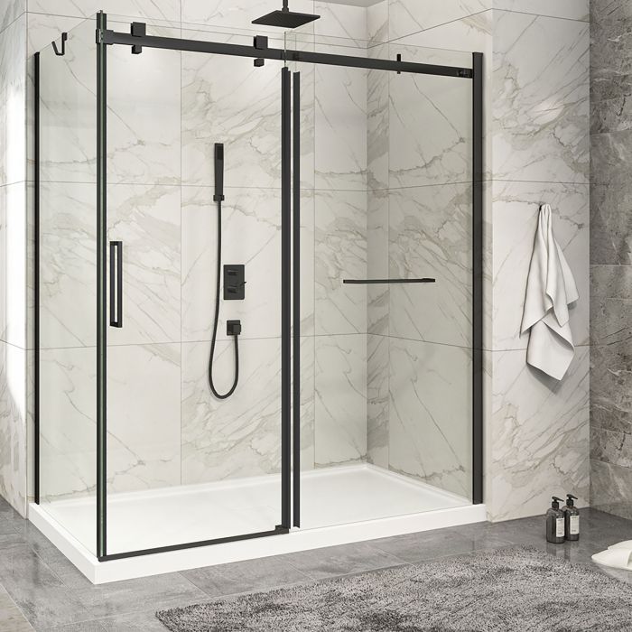 Porte de douche 72 po x Piazza 2.0 36 po en coin noir mat fermeture sur retour mur à droite porte à gauche