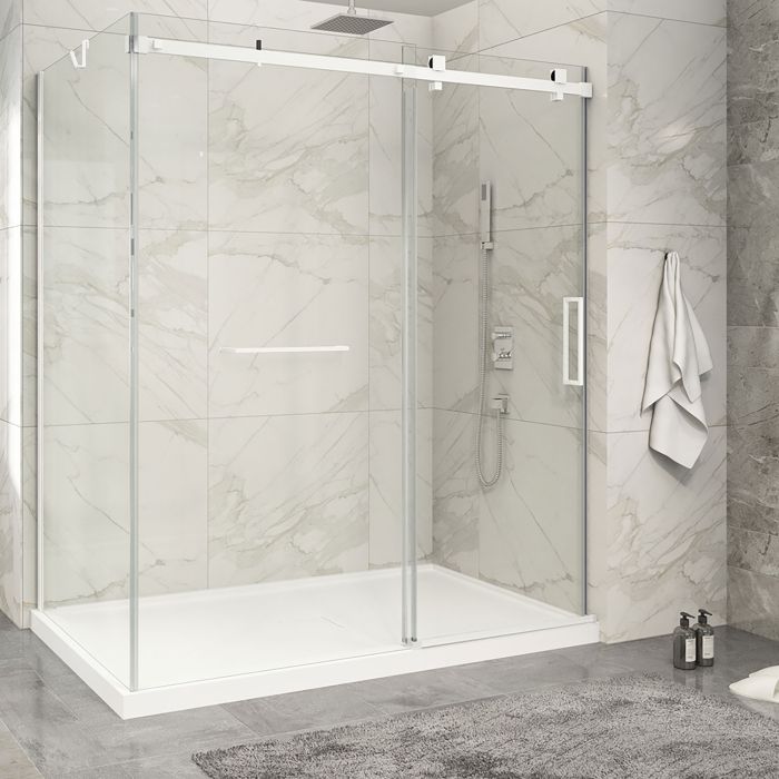 Porte de douche 72 po x Piazza 2.0 42 po en coin blanc mat fermeture sur mur mur à droite