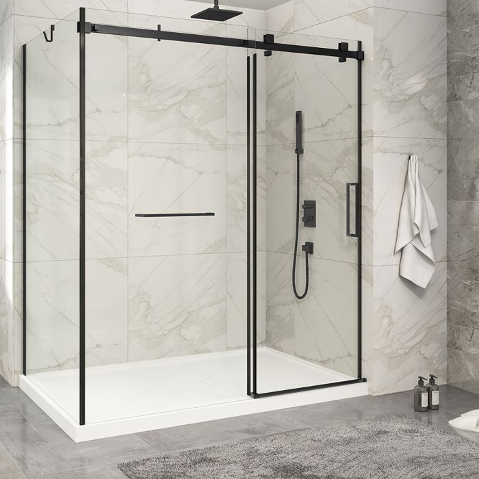 Porte de douche 72 po x Piazza 2.0 42 po en coin noir mat fermeture sur mur mur à droite