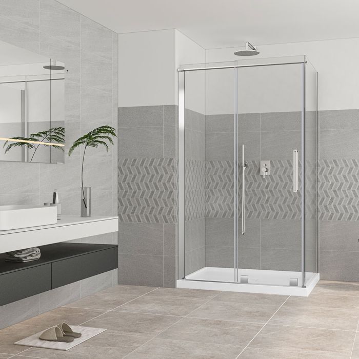 Porte de douche 48 po x Quadro 32 po en coin chrome fermeture sur retour mur à droite porte à gauche