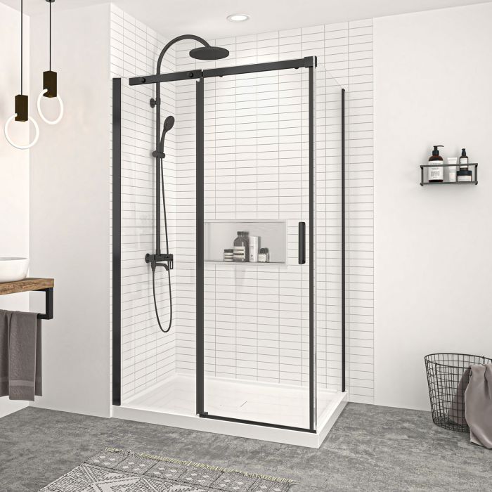 Porte de douche 48 po x Vague 32 po en coin noir mat fermeture sur retour mur à gauche porte à droite
