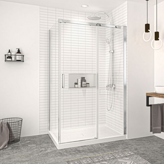 Porte de douche 48 po x Vague 36 po en coin chrome fermeture sur retour mur à droite porte à gauche