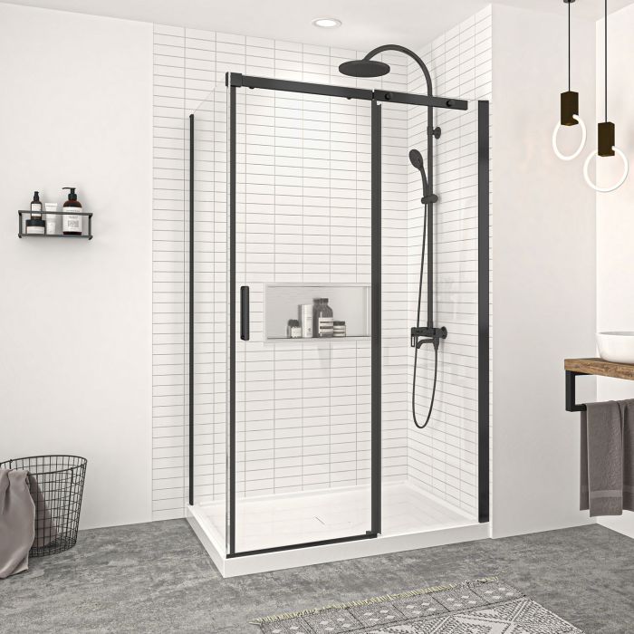 Porte de douche 48 po x Vague 36 po en coin noir mat fermeture sur retour mur à droite porte à gauche