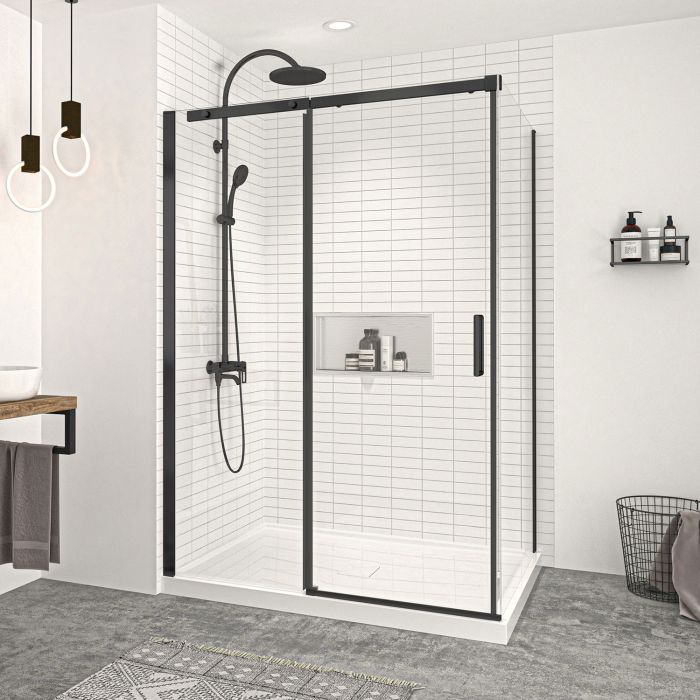 Porte de douche 54 po x Vague 42 po en coin noir mat fermeture sur retour mur à gauche porte à droite