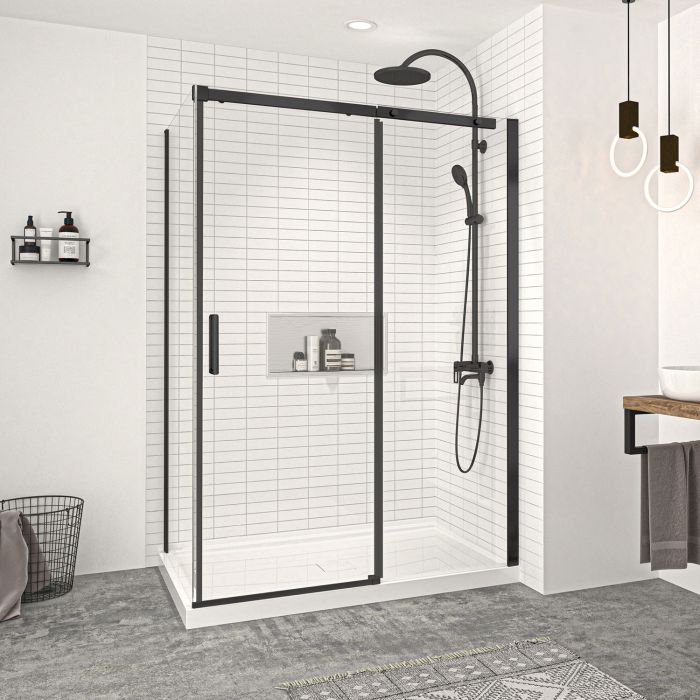 Porte de douche 54 po x Vague 32 po en coin noir mat fermeture sur retour mur à droite porte à gauche